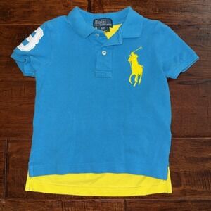 Polo Ralph Lauren Shirt Toddler 2T Teal Yellow Big Pony Logo Rugby Short Sleeve